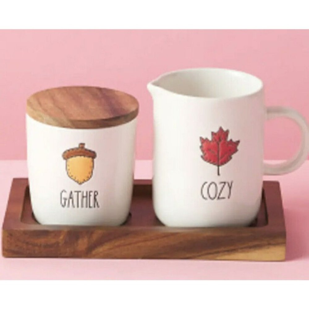 New Rae‎ Dunn Cream and Sugar Set GATHER COZY with Wooden Tray Fall Autumn